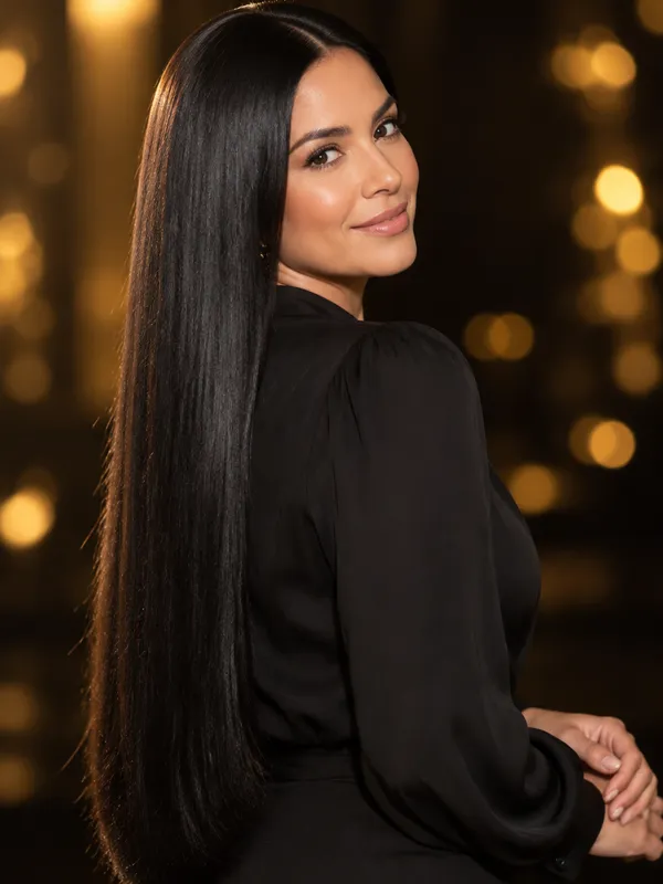 Mujer con extensiones largas, estilo liso de lujo, tono #1 Jet Black