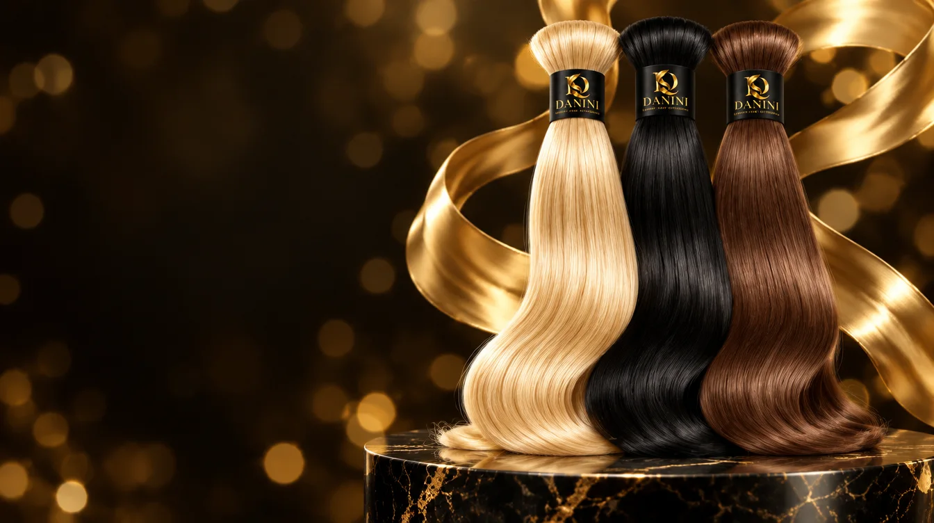 Extensiones DANINI rubia, negra y castaña sobre un pedestal de mármol con seda dorada